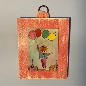 60s art print of French story Red Balloon, retro vintage wall hanging